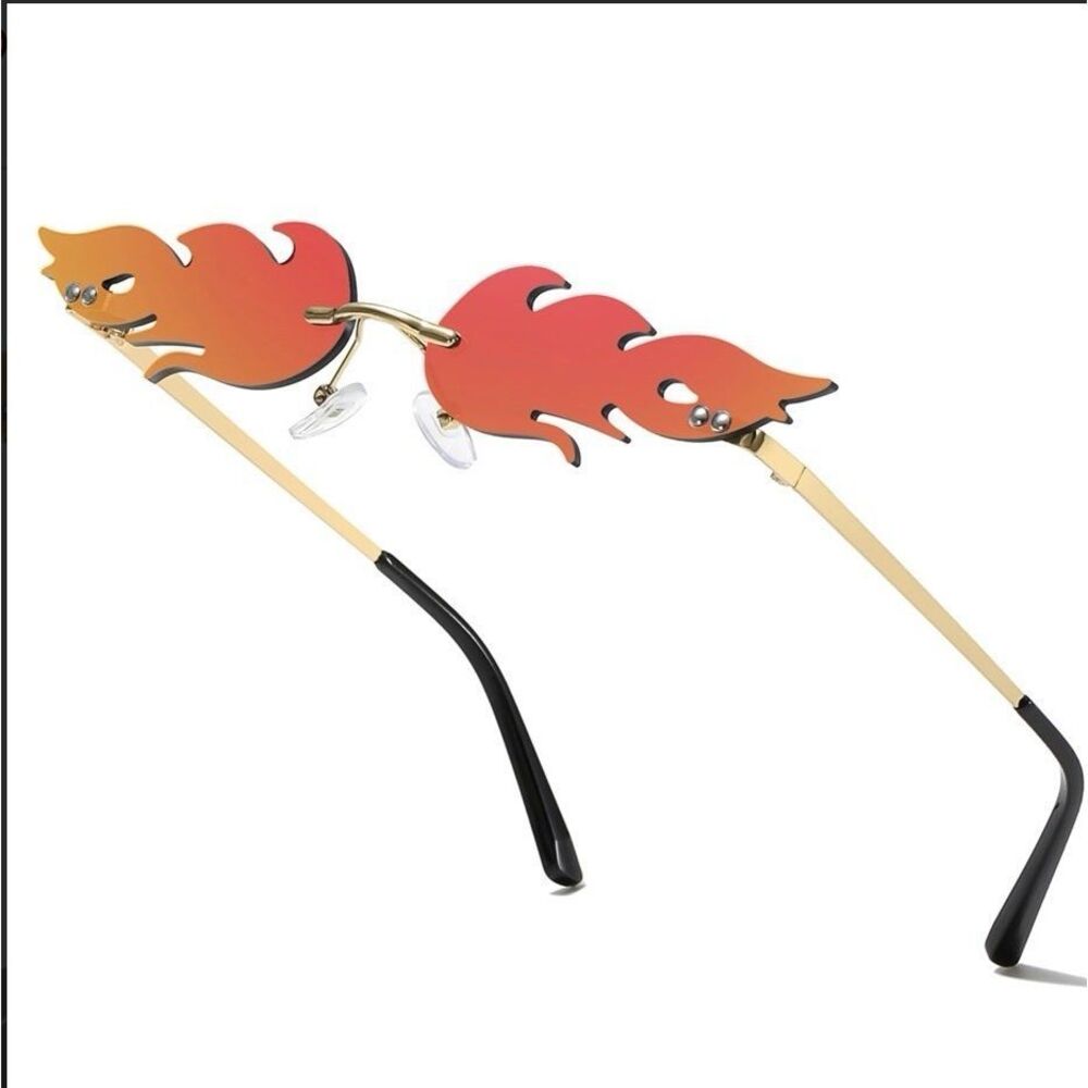 Flame Sunglasses Rimless Y2K Fire Shape Orange Red Tinted Trendy